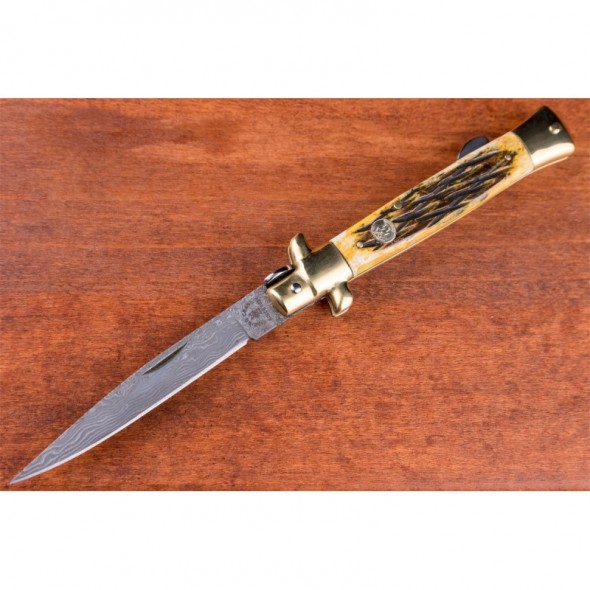 Kissing Crane Burnt Bone Stiletto Knife - Damascus Blade
