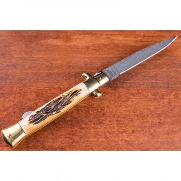 Kissing Crane Burnt Bone Stiletto Knife - Damascus Blade