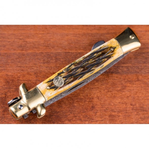 Kissing Crane Burnt Bone Stiletto Knife - Damascus Blade
