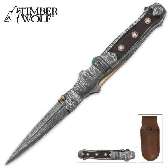 Timber Wolf Mosaic Damascus Stiletto Pocket Knife