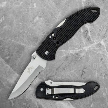 Black Lockback Folder with Serrated Blade