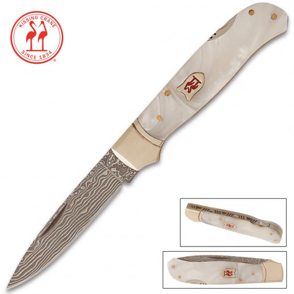Kissing Crane Limited Lockback Imitation Pearl Damascus