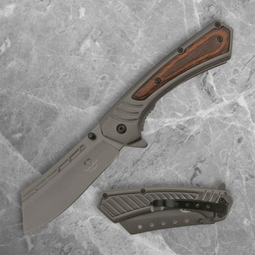 Grey Cleaver Folder with Wooden Overlay Handle
