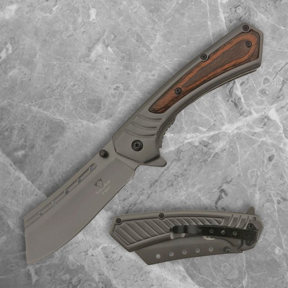Grey Cleaver Folder with Wooden Overlay Handle