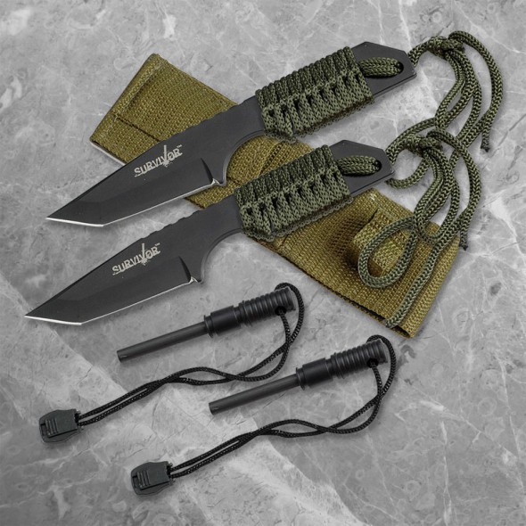 Cord-Wrapped Fixed Blade with Fire Starter - Set of 2
