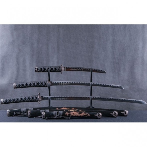Black Samurai Three-Piece Set with Engraved Dragon